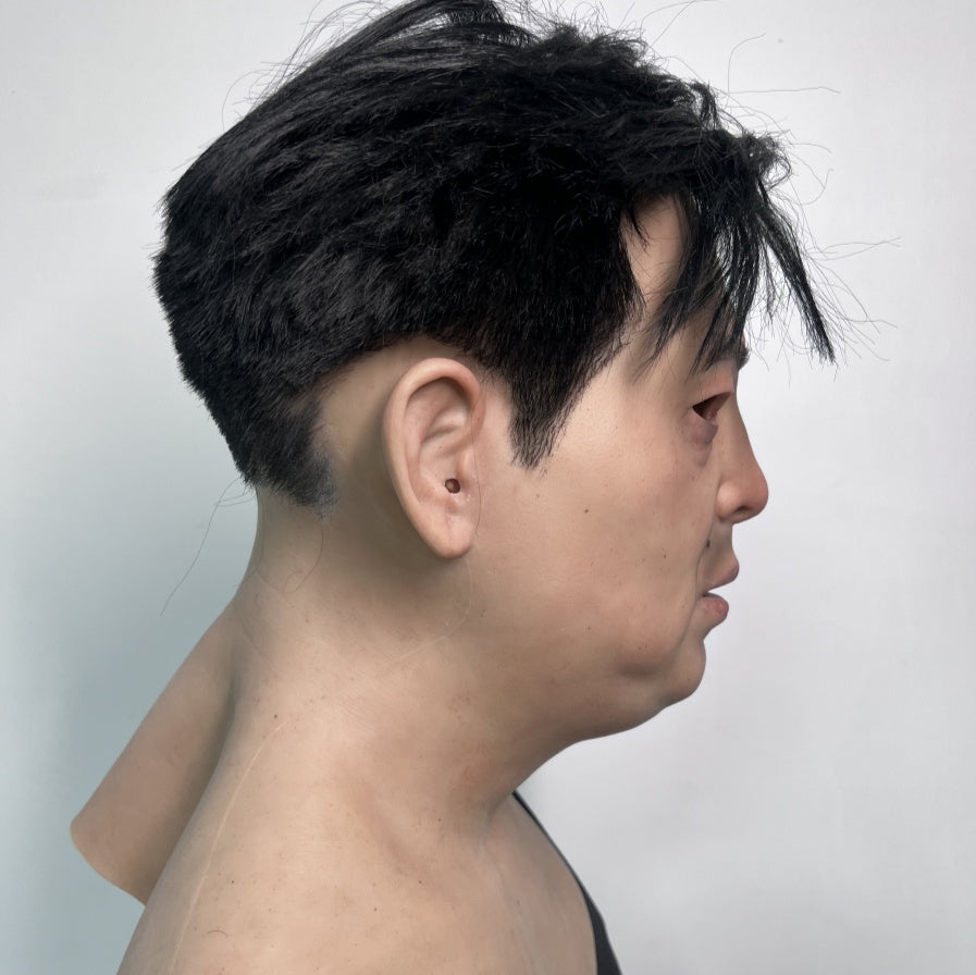 Ultra Realistic Asian Male Silicone Mask with Hair – Full Head Human Face Mask for Disguise, Film & Real-Life Transformation