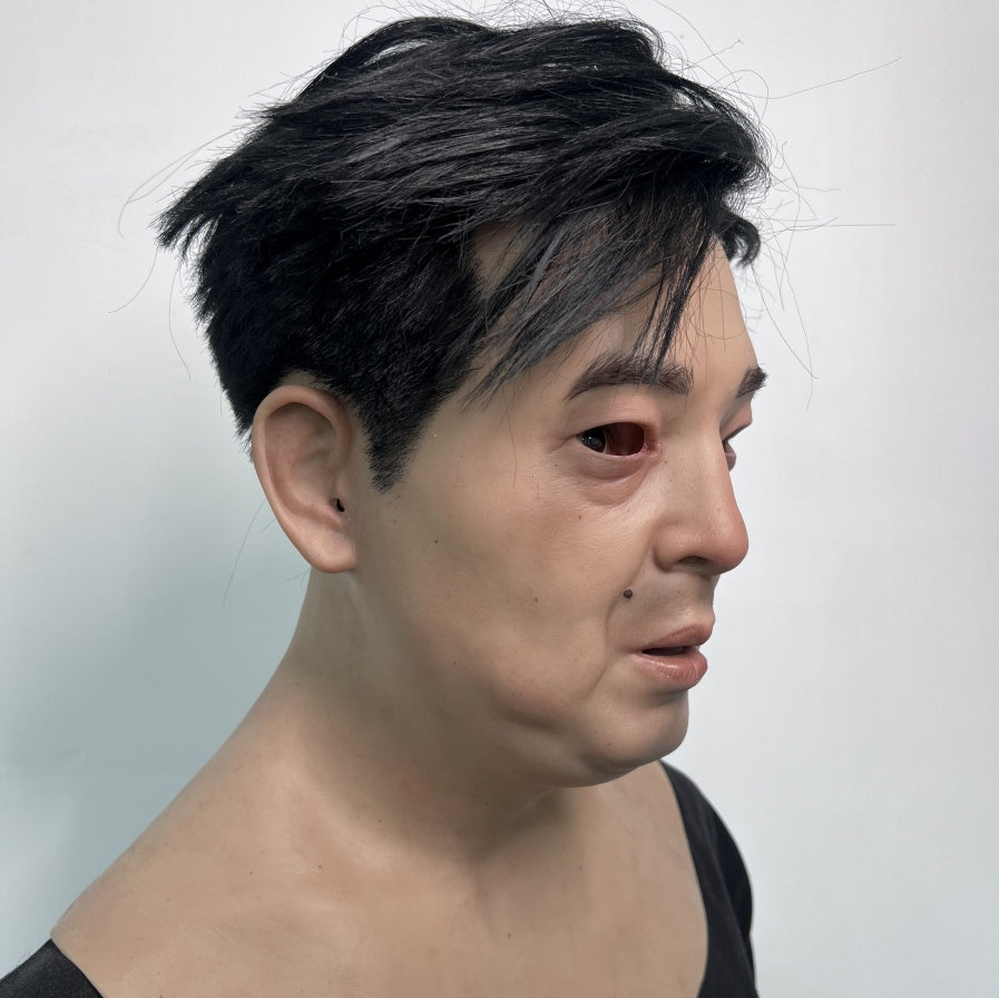 Ultra Realistic Asian Male Silicone Mask with Hair – Full Head Human Face Mask for Disguise, Film & Real-Life Transformation