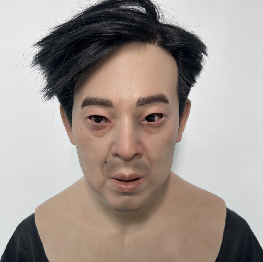 Ultra Realistic Asian Male Silicone Mask with Hair – Full Head Human Face Mask for Disguise, Film & Real-Life Transformation