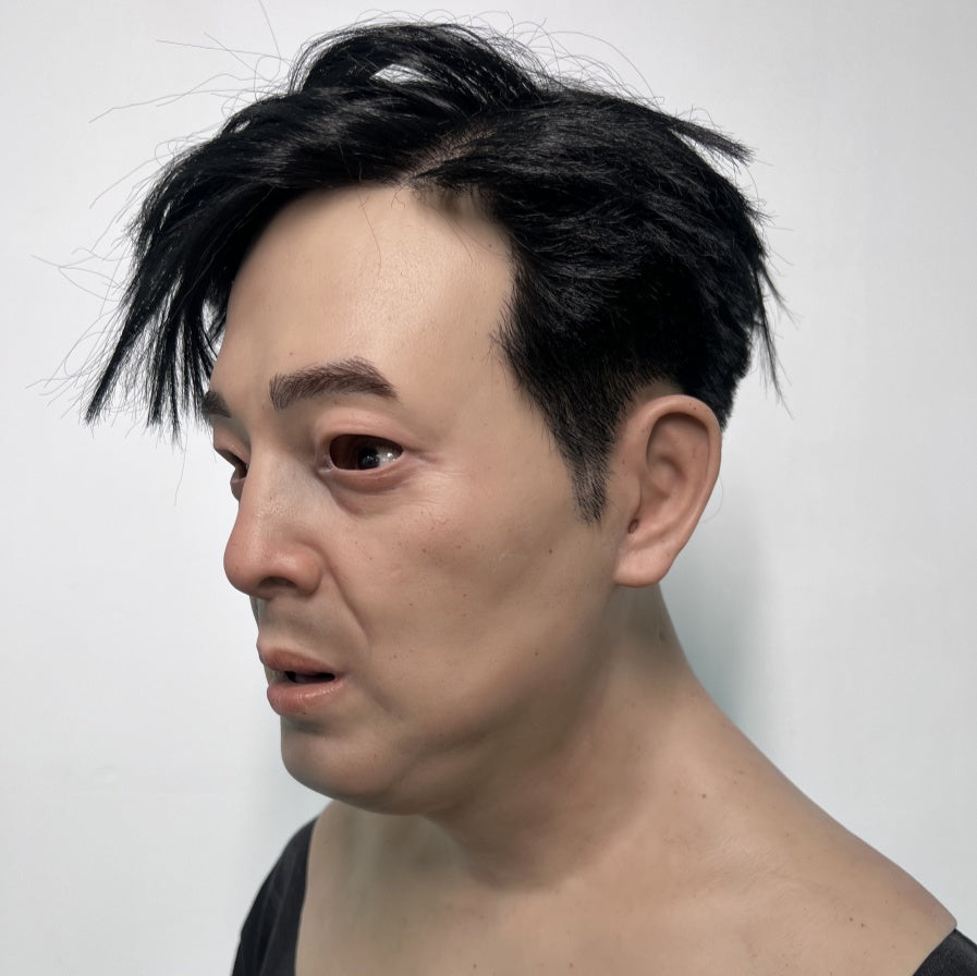 Ultra Realistic Asian Male Silicone Mask with Hair – Full Head Human Face Mask for Disguise, Film & Real-Life Transformation