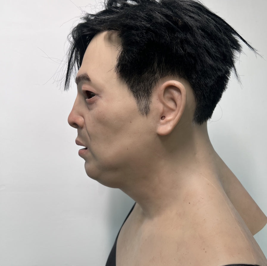 Ultra Realistic Asian Male Silicone Mask with Hair – Full Head Human Face Mask for Disguise, Film & Real-Life Transformation