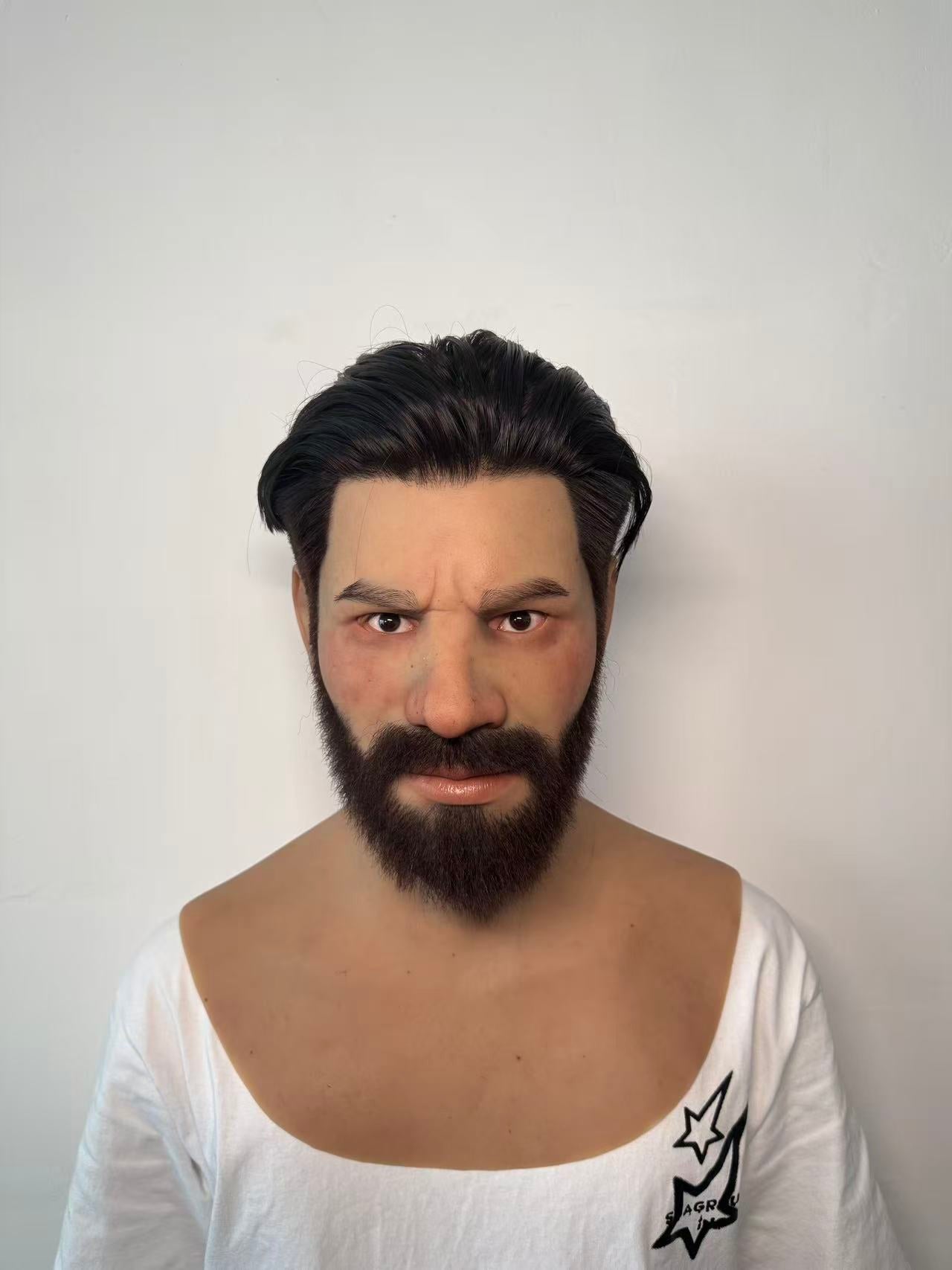 Ultra Realistic Bearded Male Silicone Mask – Full Head Human Disguise Mask with Hair for Film, Cosplay & Real-Life Transformation