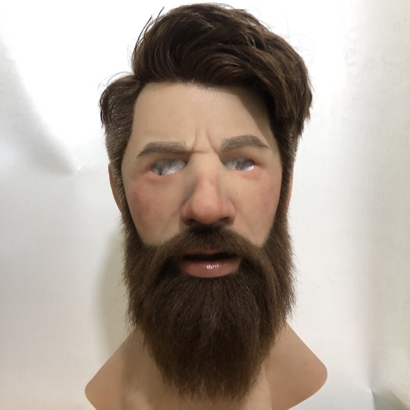 Ultra Realistic Bearded Male Silicone Mask – Full Head Human Disguise Mask with Hair for Film, Cosplay & Real-Life Transformation