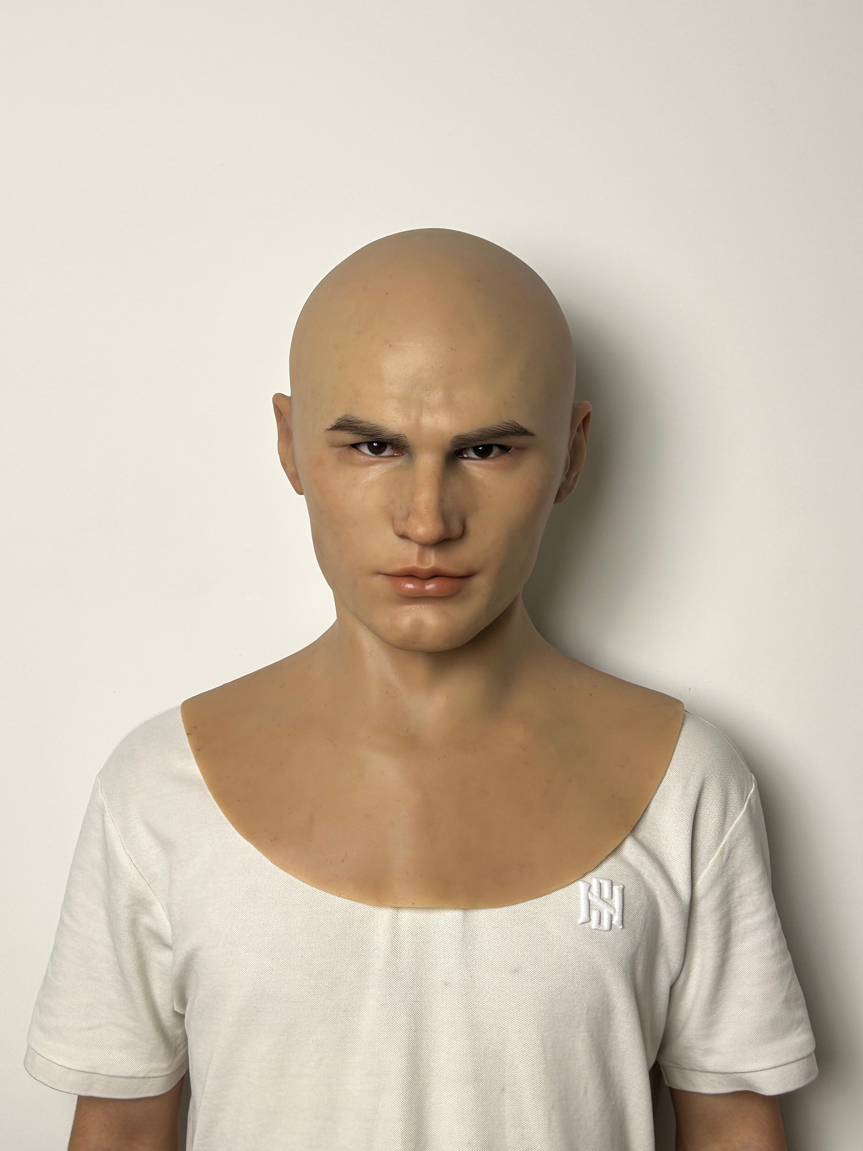 Ultra Realistic Bald Caucasian Male Silicone Mask Full Head – Cold Expression Disguise Mask for Film, Cosplay & Prank