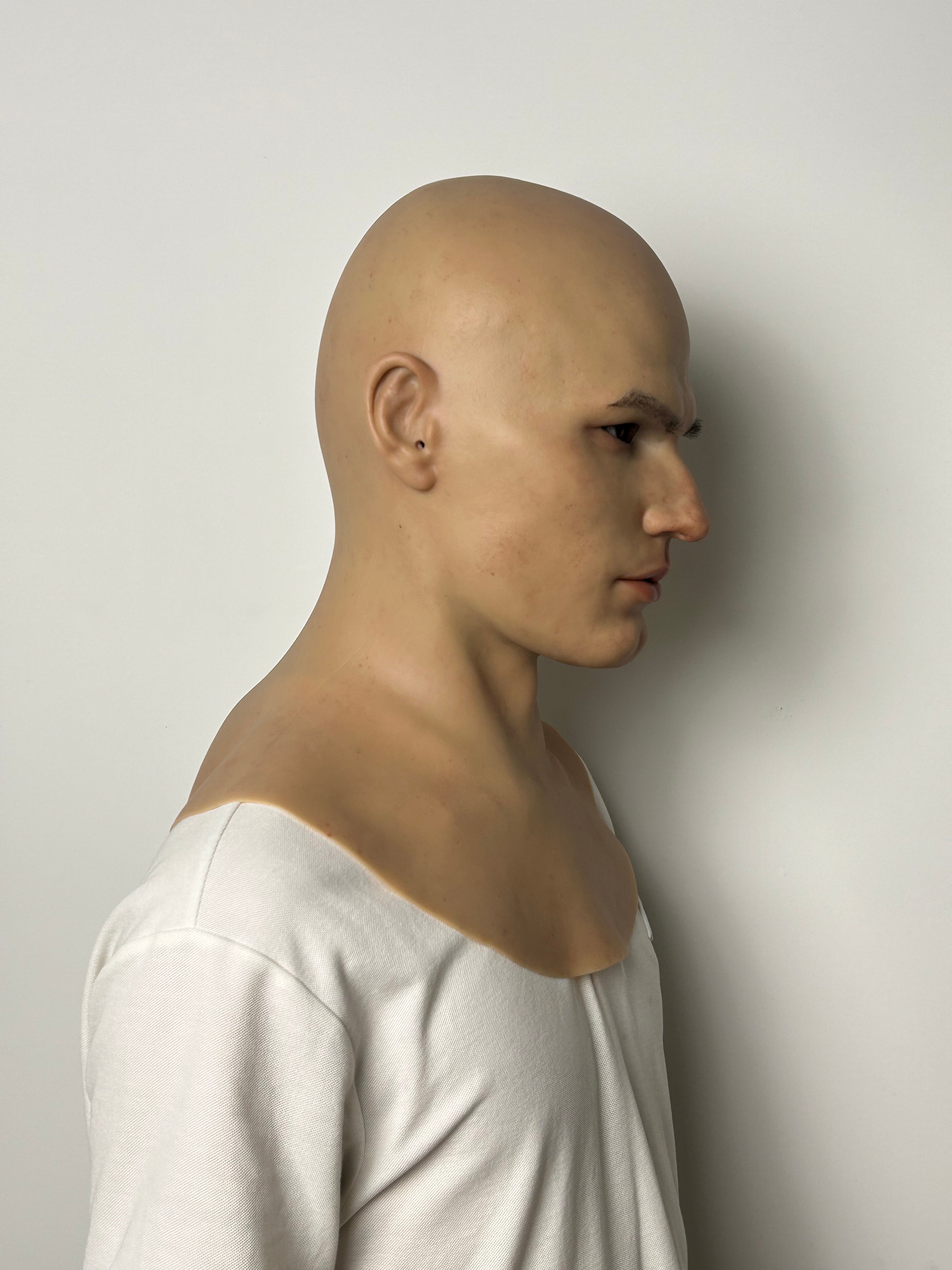 Ultra Realistic Bald Caucasian Male Silicone Mask Full Head – Cold Expression Disguise Mask for Film, Cosplay & Prank