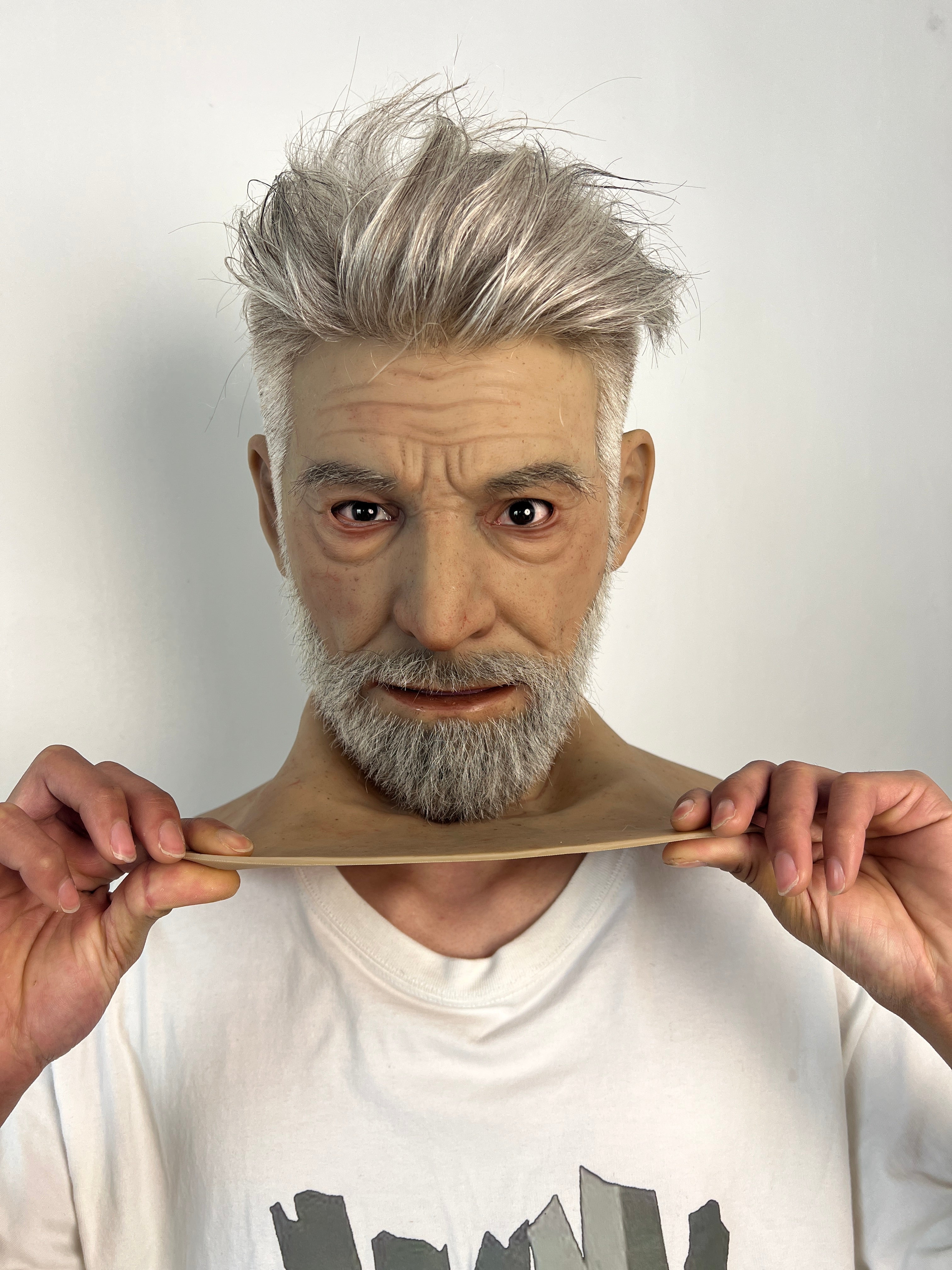 Ultra Realistic Elderly Man Silicone Mask with Hair – Full Head Old Man Disguise Mask for Film, Cosplay & Prank