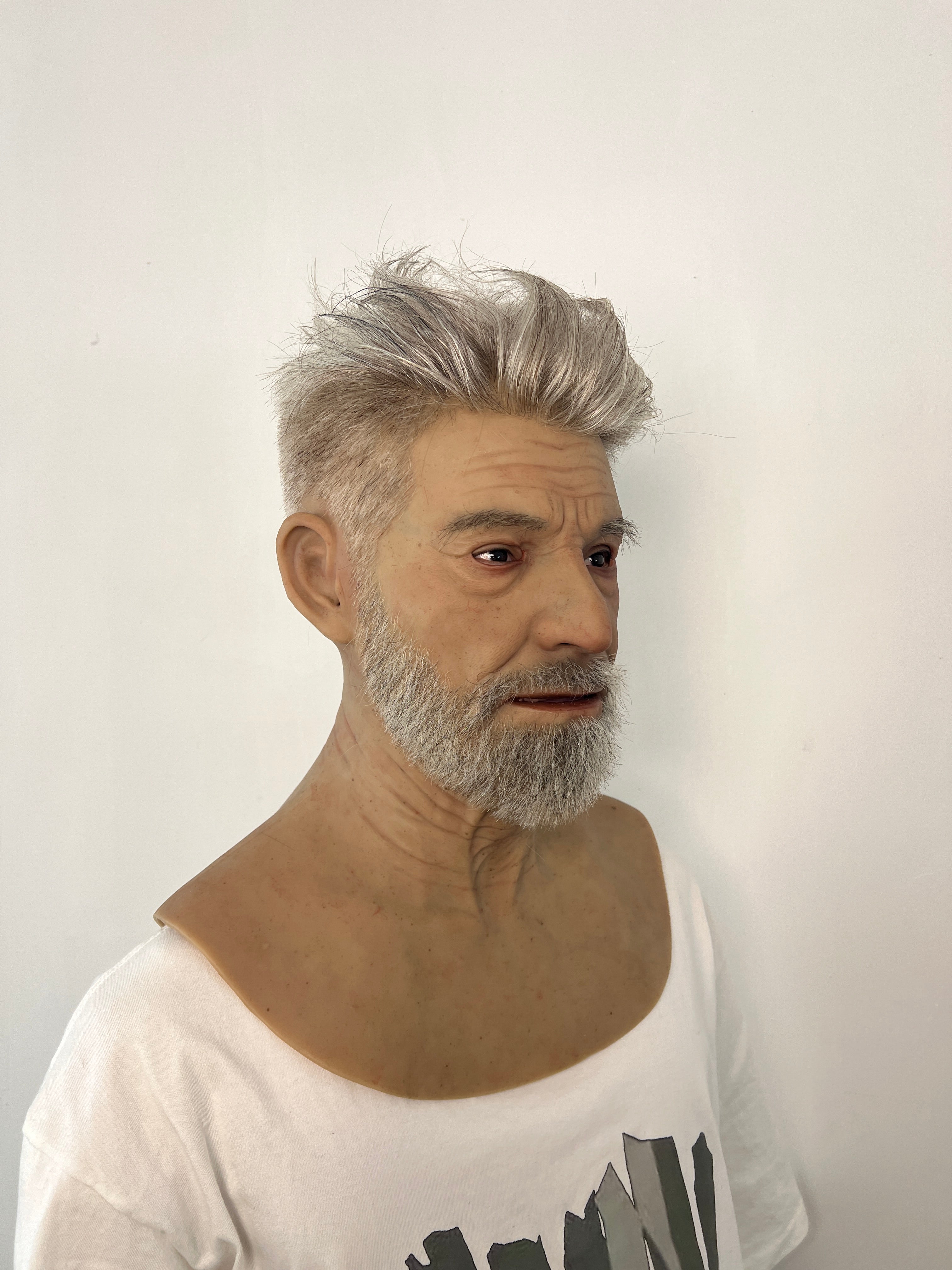 Ultra Realistic Elderly Man Silicone Mask with Hair – Full Head Old Man Disguise Mask for Film, Cosplay & Prank