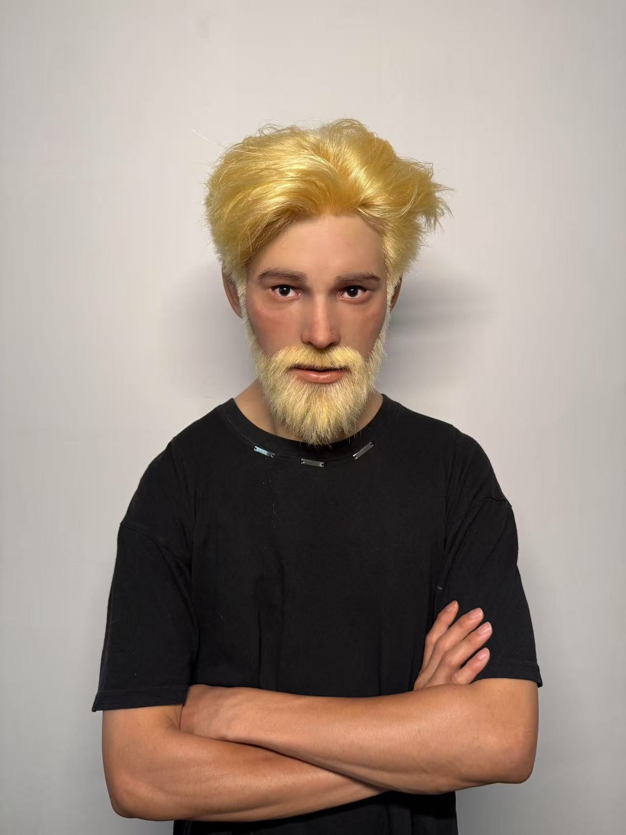 Ultra Realistic Silicone Mask Full Head – Blonde Beard Male Face Mask for Cosplay, Disguise & Film Production