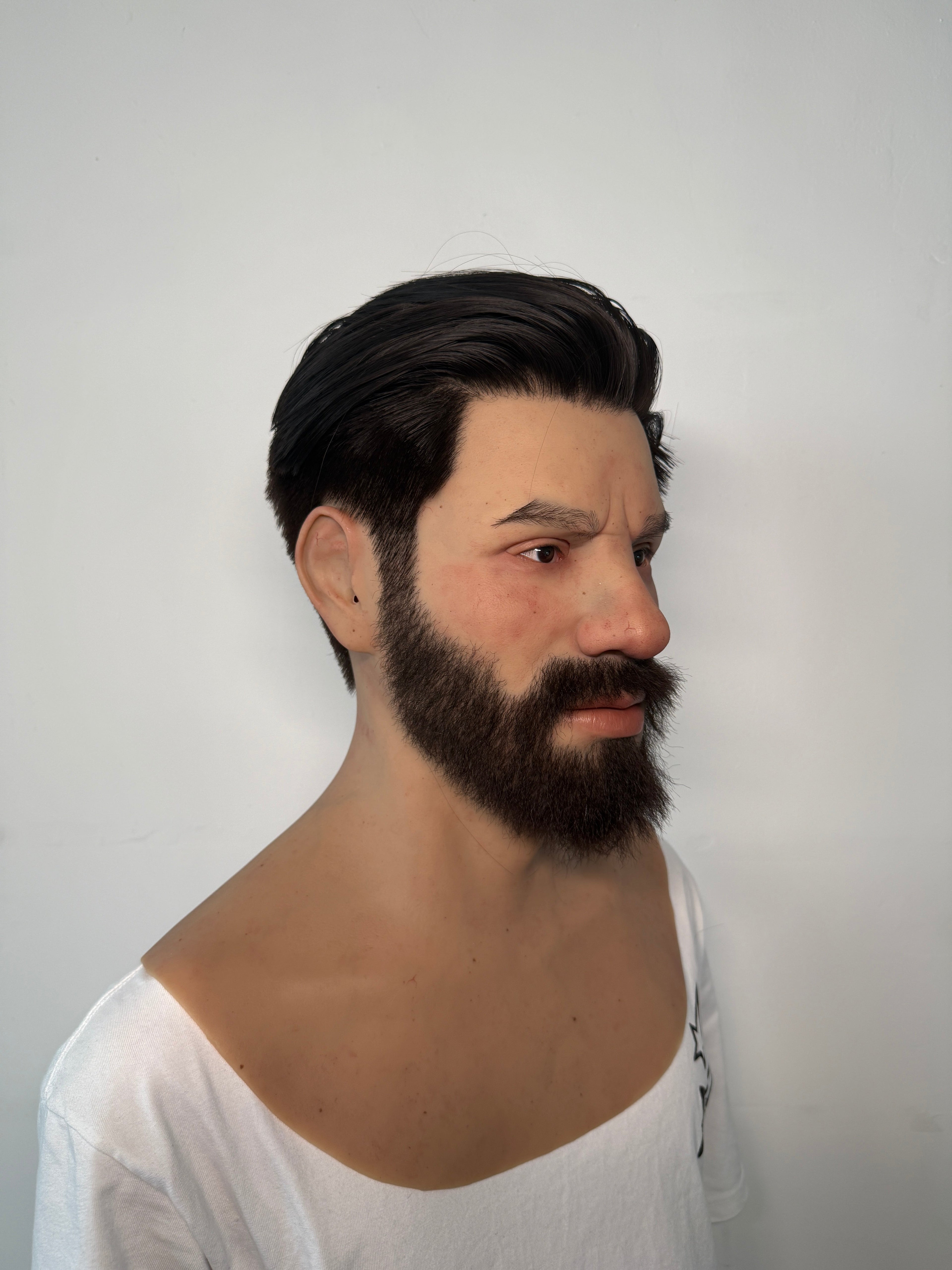 Ultra Realistic Bearded Male Silicone Mask – Full Head Human Disguise Mask with Hair for Film, Cosplay & Real-Life Transformation