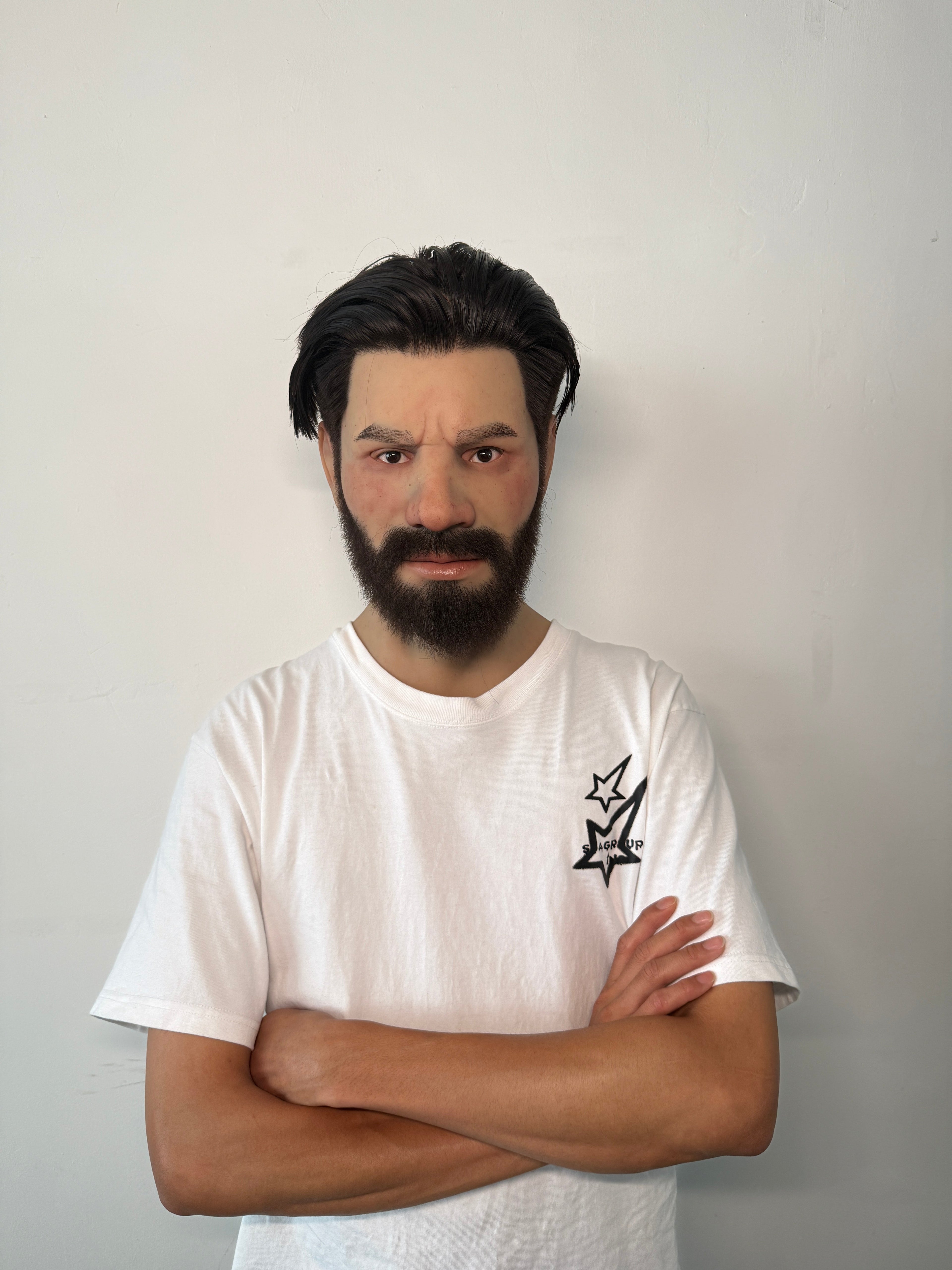 Ultra Realistic Bearded Male Silicone Mask – Full Head Human Disguise Mask with Hair for Film, Cosplay & Real-Life Transformation