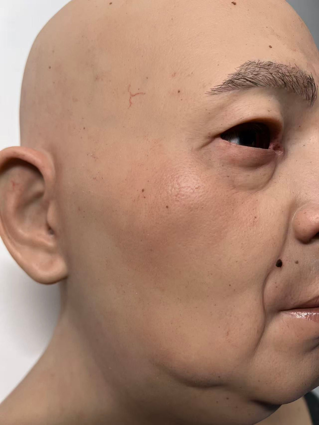 Ultra Realistic Bald Asian Male Silicone Mask – Full Head Human Face Mask for Disguise, Film & Everyday Identity Transformation