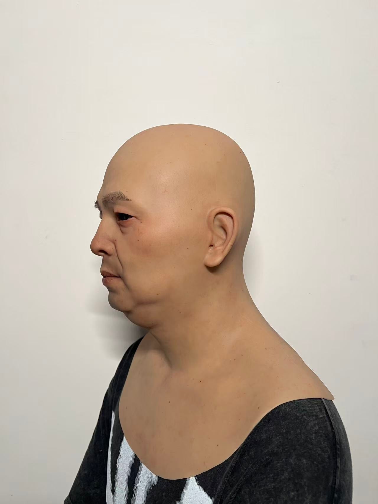 Ultra Realistic Bald Asian Male Silicone Mask – Full Head Human Face Mask for Disguise, Film & Everyday Identity Transformation