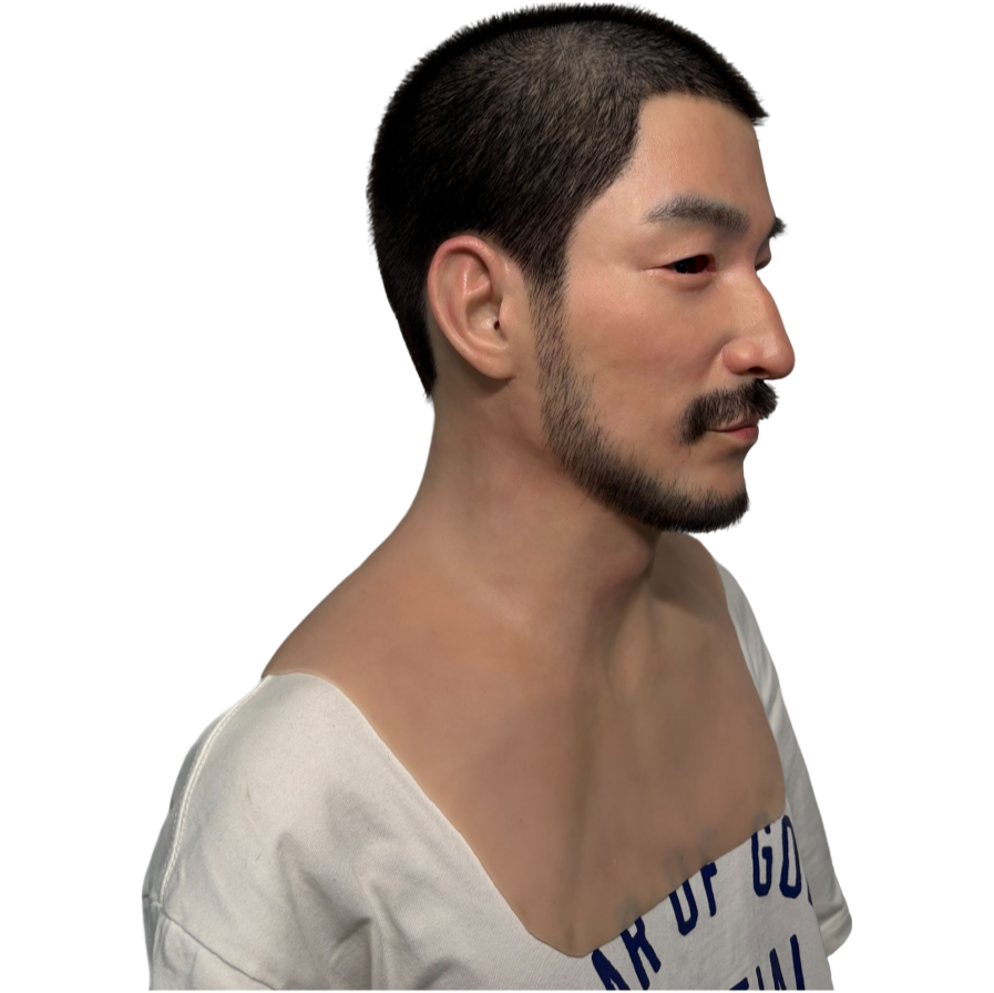 Ultra Realistic Asian Male Silicone Mask Full Head – Bearded Man Disguise Mask for Cosplay, Film & Prank